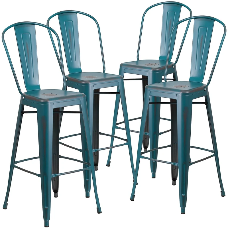 Flash Furniture Blake Commercial Grade 4 Pack 30" High Distressed Kelly Blue-Teal Metal Indoor-Outdoor Barstool with Back