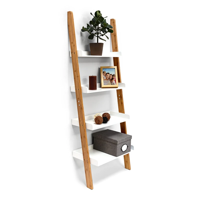 Relaxdays Bamboo Bookcase: 144 x 56 x 34 cm Ladder Shelf Unit with 4 Shelves Made of Bamboo Wood Living Room Office Furniture Bookshelf, White