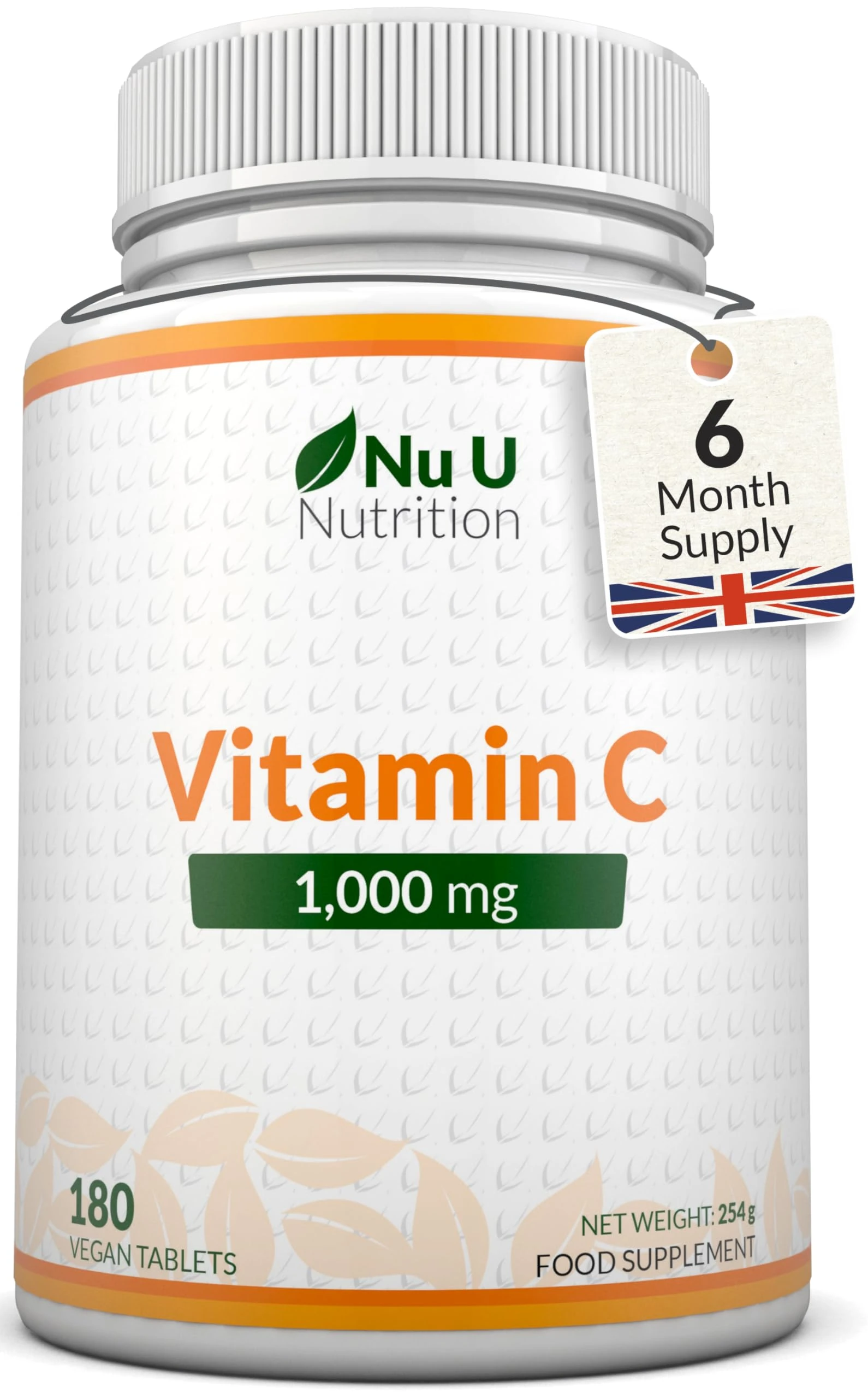 Nu U Nutrition - Vitamin C 1000mg - 180 Vegan Tablets - 6 Month Supply - High Strength Ascorbic Acid - Supports Immune System, Energy & Collagen Formation* (EFSA) - Made in The UK