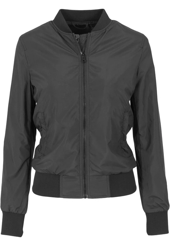 URBAN CLASSICS Women's Light Bomber Jacket with Ribbed Cuffs, Lightweight Flight Jacket for Mid-Season Weather, Longsleeve Jacket with Zipper & Pockets, Colour: Black, Size: Small