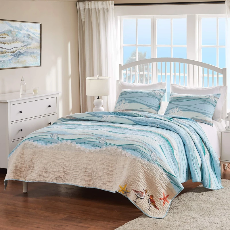 Greenland Home Fashions Quilt Set, Cotton, Blue, 3-Piece Full/Queen