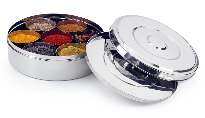Zinel 7117 Spice Box/Masala Dabba with 7 Comparments and 2 Stainless Steel Lids, Silver, 24 cm - Image 1