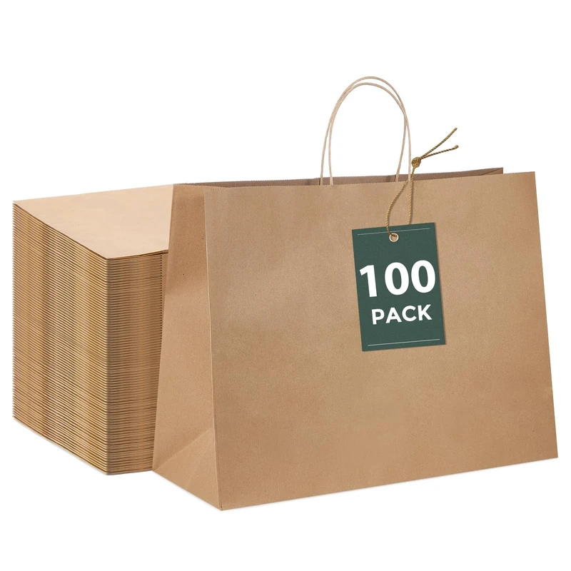 Halulu 100pcs 16x6x12 Inches Kraft Paper Bags Shopping Bag Gift Bags (Brown)