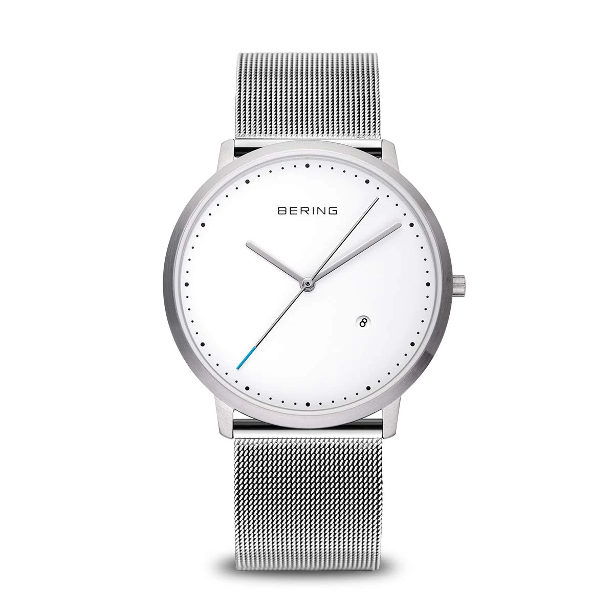 BERING Unisex Quartz Watch, 39 mm Silver Stainless-Steel Case and White Dial, Milanese Strap, Sapphire Crystal, 3 ATM, 11139-004