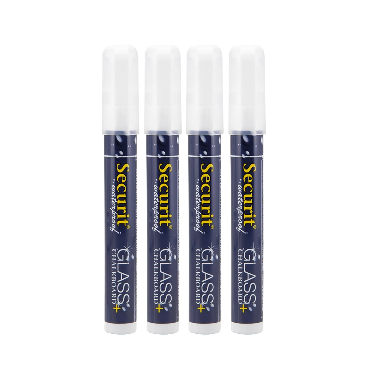 Securit Waterproof Glass & Chalkboard Markers - Pack of 4 Liquid Chalk Pens with 6mm Nib - Use on Blackboards, Glass, Metal, Plastic and More! (White)