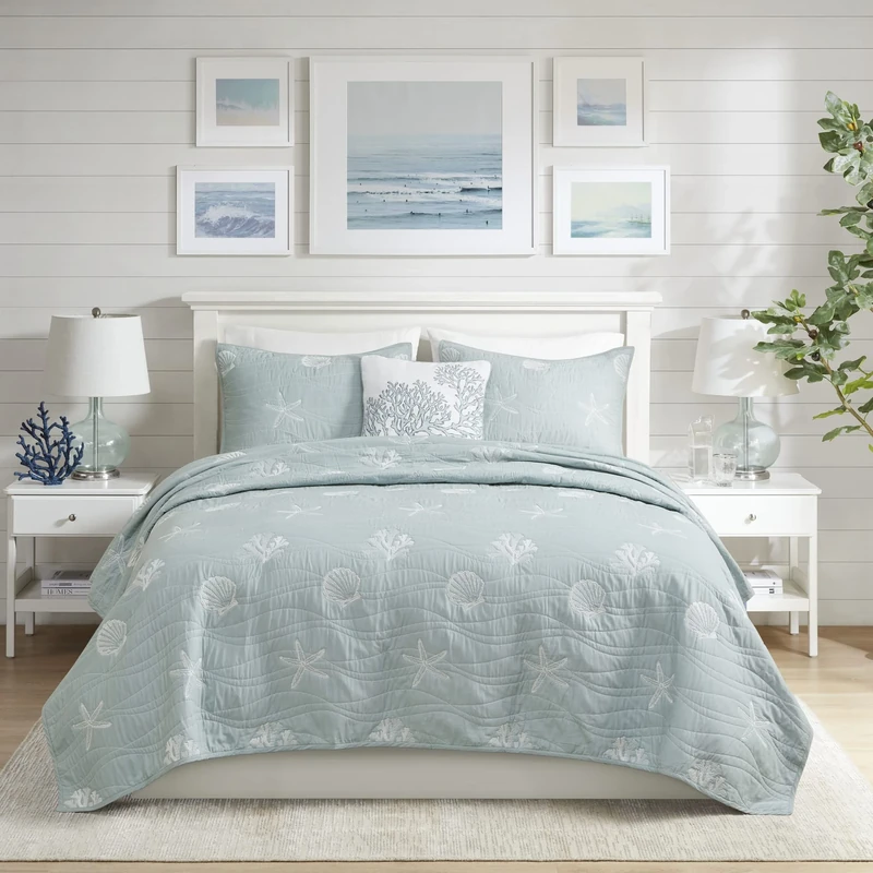 Harbor House All Season, Lightweight Coverlet Bedspread Bedding, Shams, Cotton, Coastal Blue, Queen(90"x90")