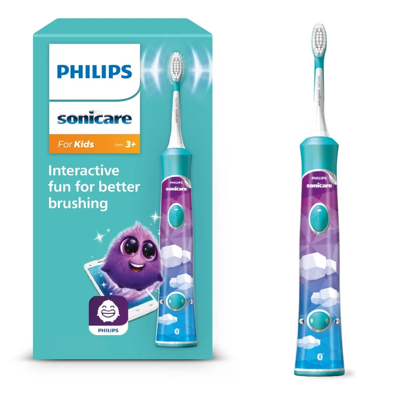 Philips Sonicare For Kids, Sonic Electric Toothbrush with App, for Kids Aged 3+, with SmarTimer and QuadPacer for a Thorough Clean, Turquoise, Model HX6322/04