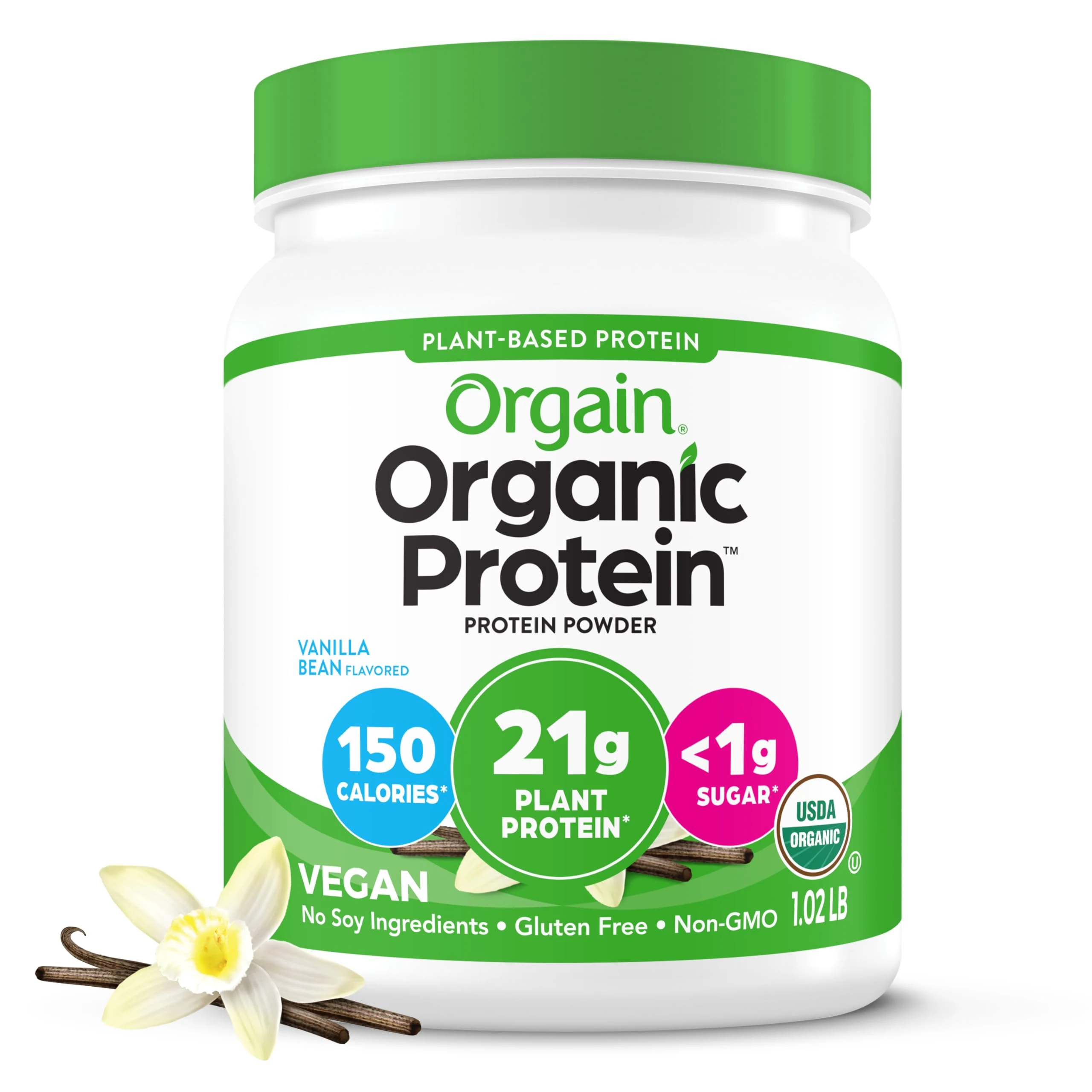 Orgain Organic Vegan Protein Powder, Vanilla Bean - 21g of Plant Based Protein, Low Net Carbs, Non Dairy, Gluten Free, Lactose Free, No Sugar Added, Soy Free, Kosher, 1.02 Pound (Packaging May Vary)