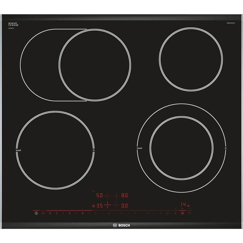 Bosch 8 Series pkn675dp1d Integrated Ceramic Black, Stainless Steel Hob – Plate (Built-in, Ceramic, Glass and Ceramic, Black, Stainless Steel, Touch, Top Front)