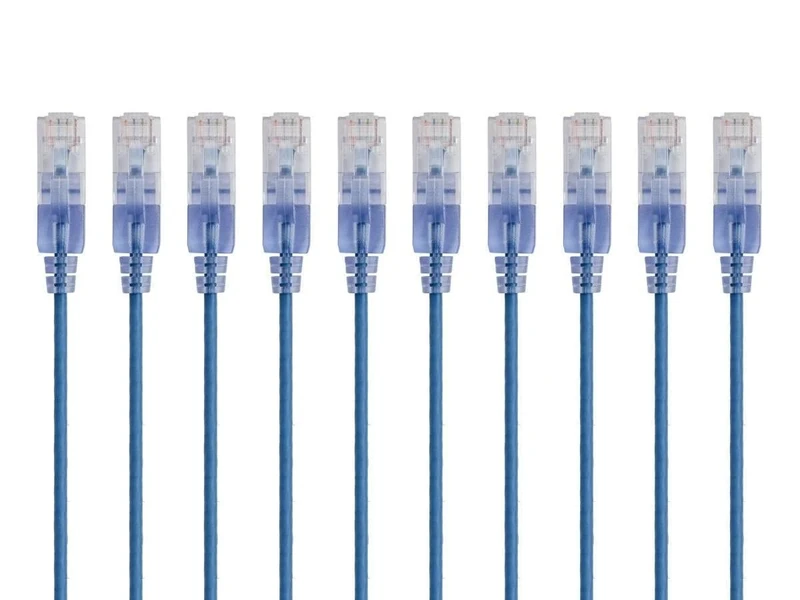 Monoprice Cat6A Ethernet Patch Cable - Network Internet Cord - 0.3M (1ft) - Blue (10-Pack) RJ45, Stranded, 550Mhz, UTP, Pure Bare Copper Wire, 10G, 30AWG - SlimRun Series
