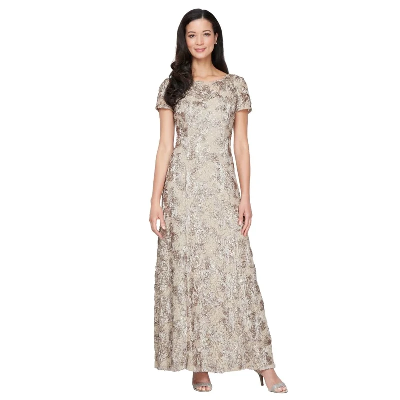 Alex Evenings Women's Long Rosette Lace Cap Sleeve Gown Special Occasion Dress, Champagne, 14