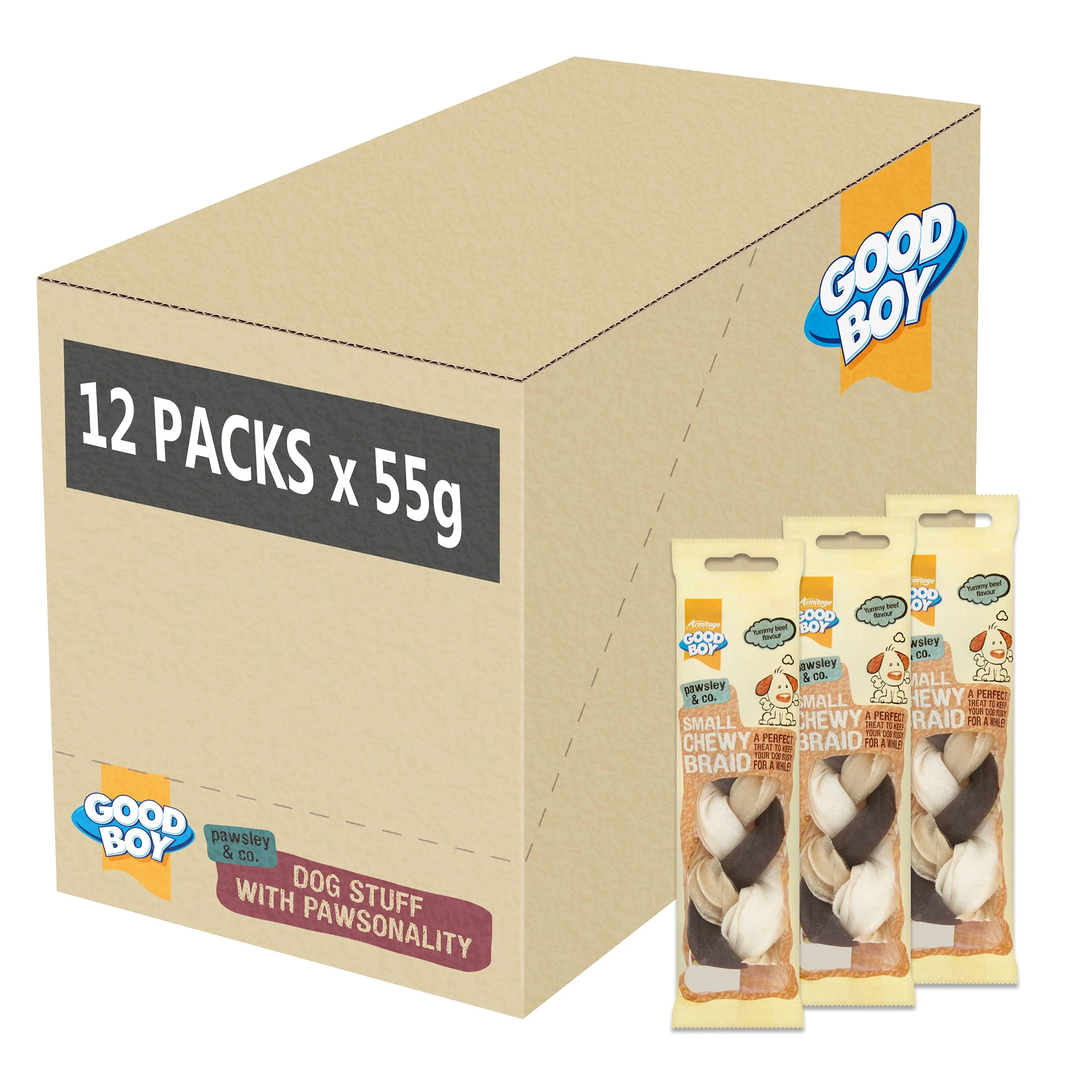 Good Boy - Small Chewy Braids - Dog Chews - Made With Beef Hide and Beef Flavouring - 55 Grams ℮ - With Probiotics To Aid Digestion - Case of 12