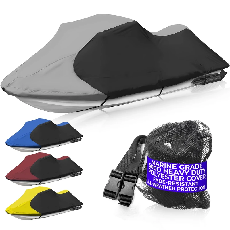 JETPRO Trailerable Jet Ski Cover, Waterproof Marine Grade 600D Heavy Duty Polyester PWC Cover Gray/Black Color Fits from 126"-135" 3 Seater