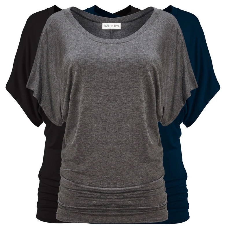 Free to Live 3 Pack Dolman Short Sleeve Business Casual Tops for Women Dressy Shirts Fall Travel Tunic to Wear with Leggings, Black, Charcoal, Navy, S