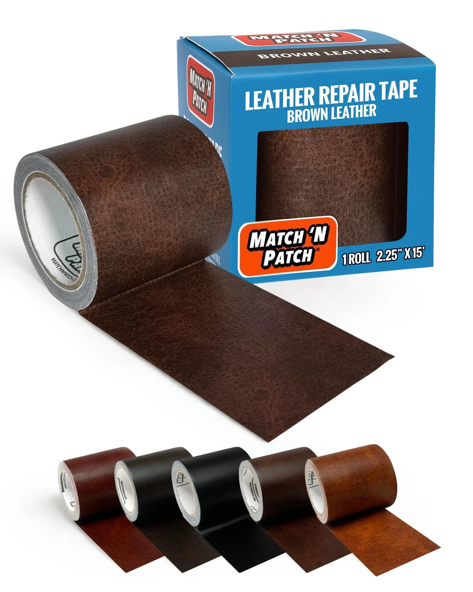 MATCH 'N PATCH Leather Repair Tape - Realistic Printed Leather Pattern for Vinyl, & Synthetic Repairs, Conceal Rips, Scratches, and Tears, for Furniture Fix, Crafts, & DIY - 15 ft x 2.25" Roll, Brown