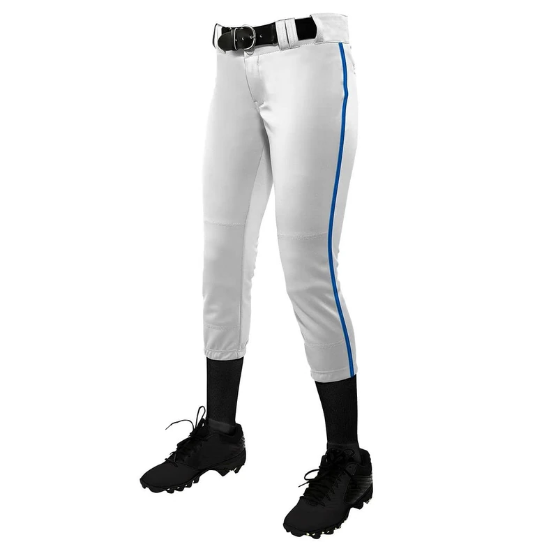 Champro Women's Tournament Low Rise Softball Pants with Side Traditional w/Braid, White, Royal Pipe, Medium