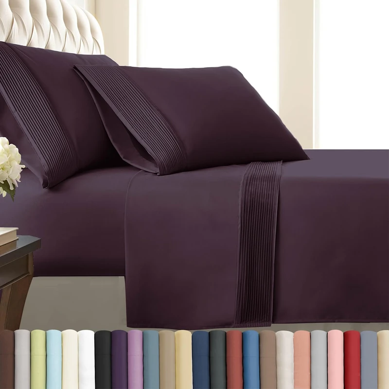 SouthShore Fine Living Vilano Pleats, 4-Piece, 21-Inch Extra Deep Pocket Sheet Set, King Sheets Set with Flat Sheets and Pillowcase, Easy Care and Shrinkage-Free Deep Pocket Sheets, Sheet Set, Purple