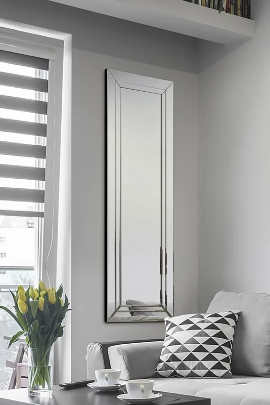 Large Modern Venetian Glass Double Edged Wall Mirror, Silver, 40 x 120 cm