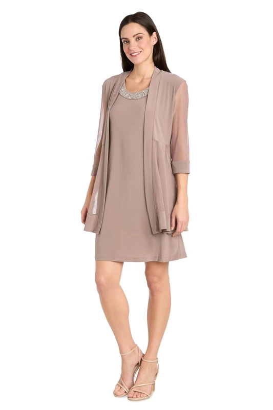 R&M Richards Women's 2 Piece Mesh Panel Beaded Neck Jacket Dress, Taupe, X-Large