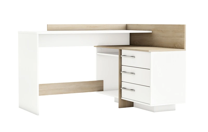 Demeyere Bureau d’angle Droit ou Gauche Thales avec Rangement - 3 Tiroirs – Chêne Brossé - Robuste et Fonctionnel - L 128,5 x P 105,7 x H 83,2 cm