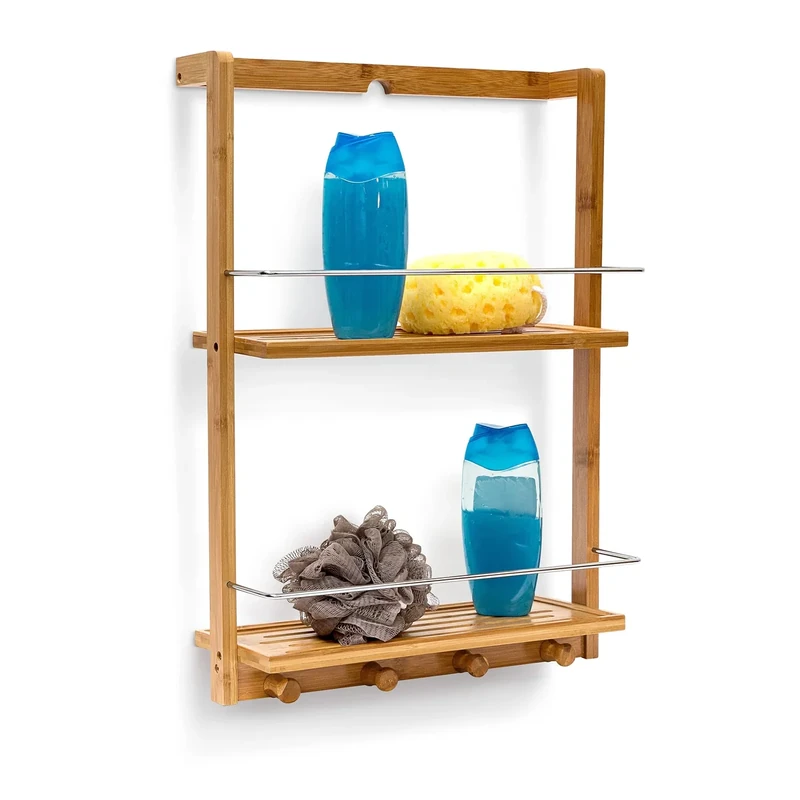 Relaxdays Bamboo Shower Caddy Shelf Organiser with 2 Shelves Shower Rack with Moisture-Resistant Wood for Kitchen and Bathroom Bathroom Shelf or Spice Rack with 4 Hand Towel Hook, Natural