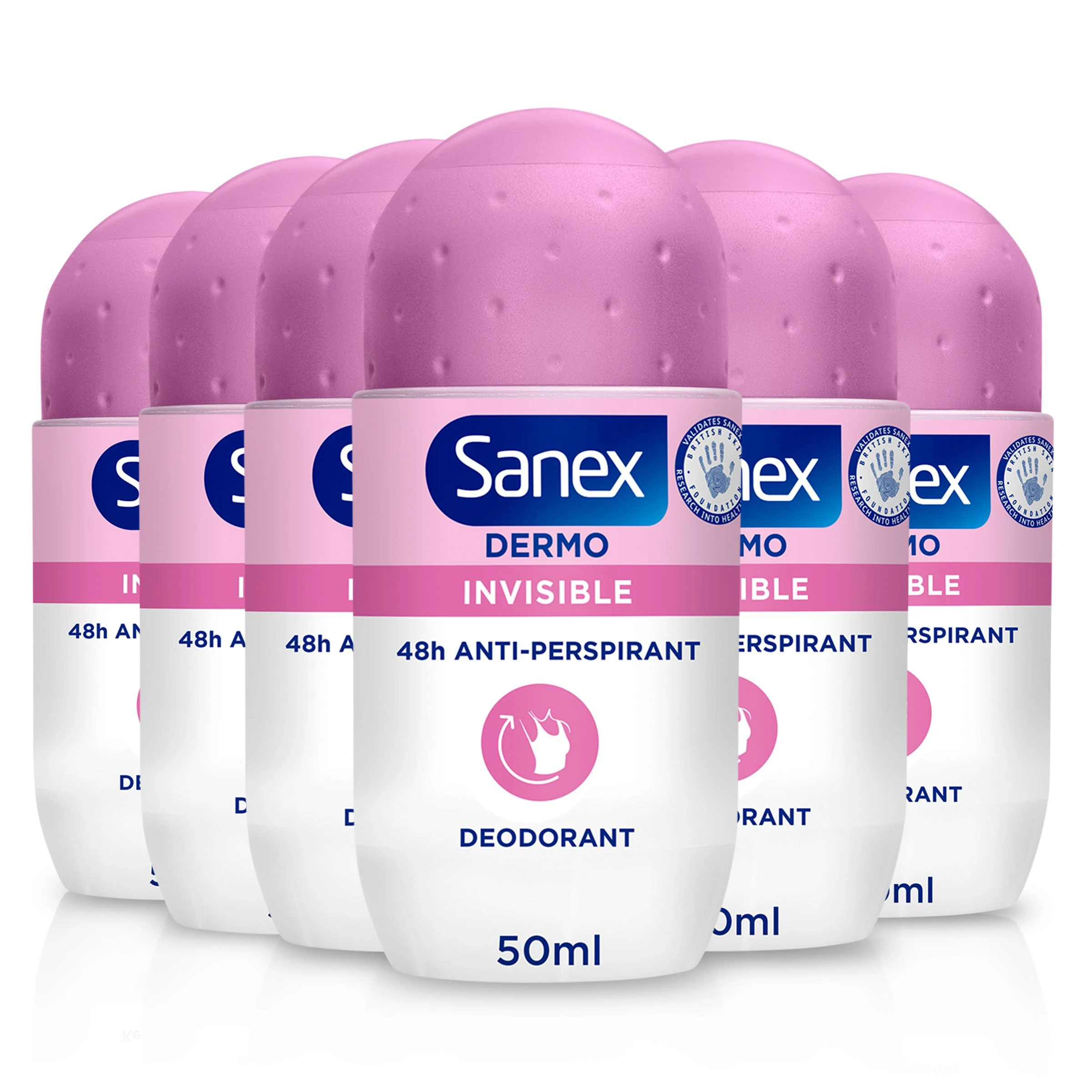 Sanex Dermo Invisible Roll-On Antiperspirant 6x50ml - antiperspirant deodorant - up to 48-hour sweat and odour protection - anti-stain protection - restores skin’s natural pH - dermatologically tested