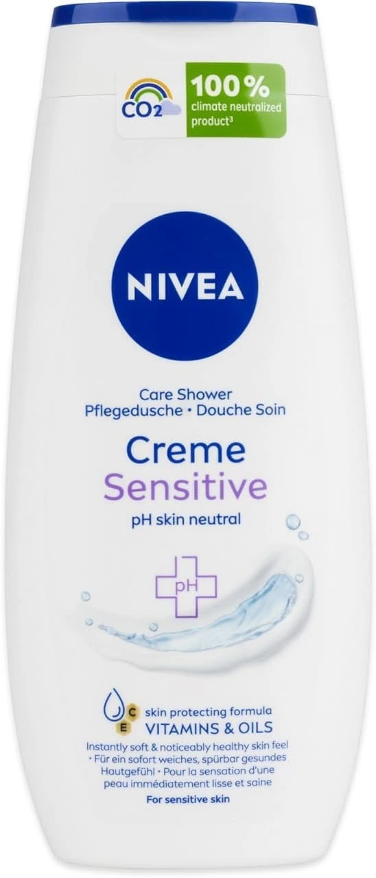 NIVEA Shower Cream Gel Rich Moisture Sensitive (250ml), Body Wash with Soothing Chamomile Extract, Sensitive Body Wash for Women, pH Skin-Balanced Shower Gel