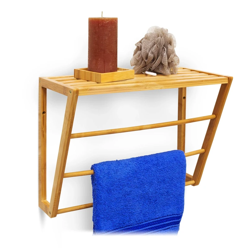 Relaxdays Bamboo Towel Holder With Shelf Storage 30 x 42 x 20 cm Wall Mounted Bathroom Towel Holder with 3 Rails Small Bathroom Shelf Bamboo Shelf with Towel Rail, Natural