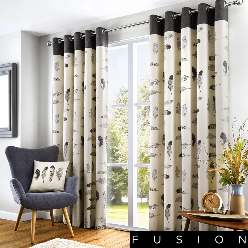 Fusion - Natural Cream Feather Curtains W90 x L90" (229 x 229cm) - 100% Cotton - 2x Panels - Eyelet Curtains in Beige Cream - Drapes & Curtains for Bedroom & Living Room - Bird Feather Curtains - Image 1