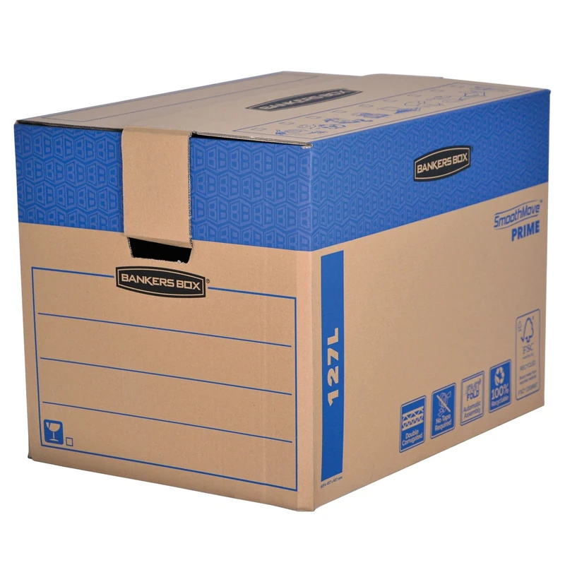 5 BANKERS BOX EXTRA LARGE 127L Moving & Storage Cartons – Strong Double Wall SmoothMove Cardboard with Handles, FastFold Assembly, Heavy Duty Design, 60.5 × 45.5 × 45.5 cm, Pack of 5