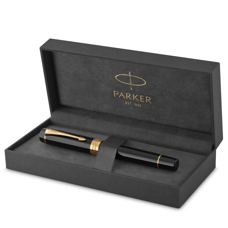 Parker Duofold Centennial Fountain Pen | Classic Black with Gold Trim | Fine Solid Gold Nib | Black Ink and Convertor | Premium Gift Box