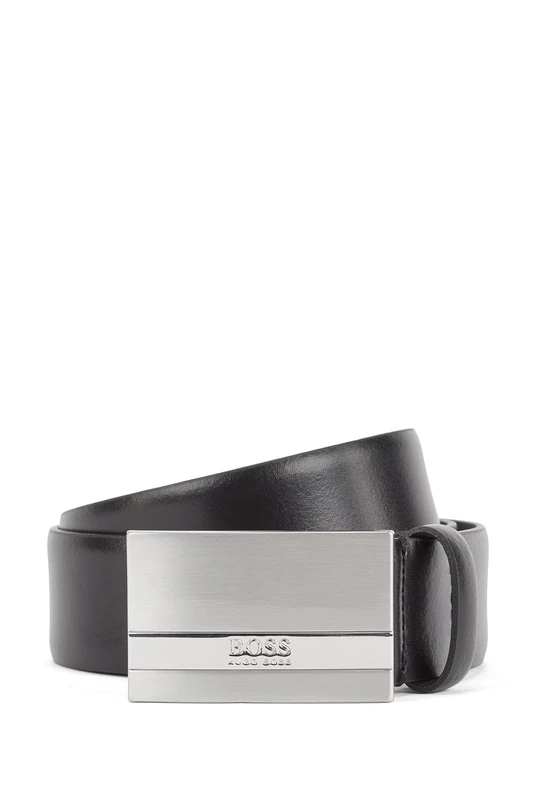BOSS Mens Baxton Italian-leather belt with logo-engraved plaque buckle
