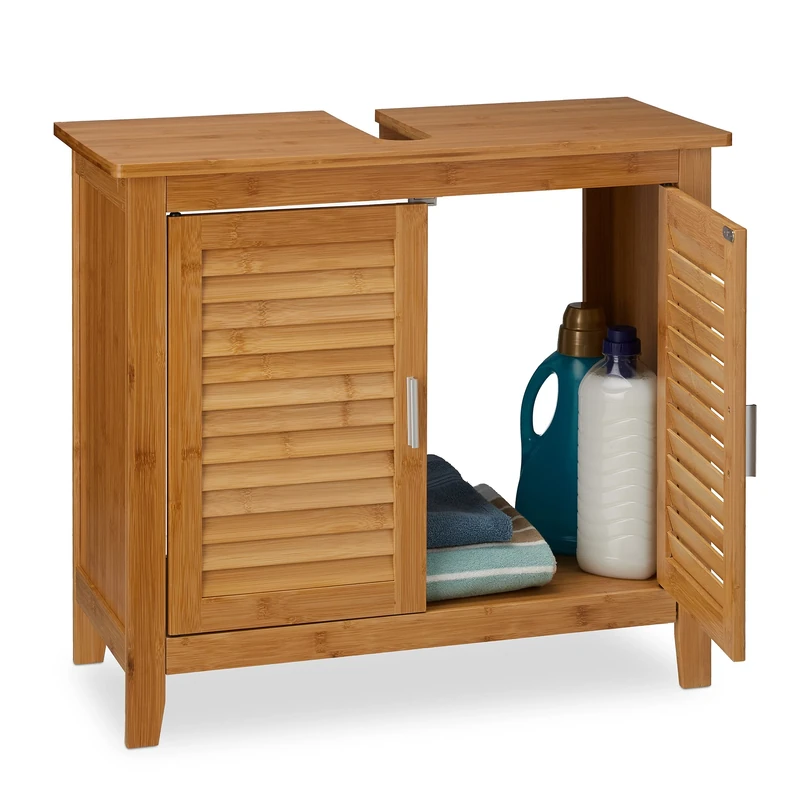 Relaxdays LAMELL Bamboo Bathroom Under Sink Cabinet, 60 x 67 x 30 cm Strong and Durable Bathroom Basin Cabinet Under The Sink Cupboard with Sink Cut-Out, Light Brown