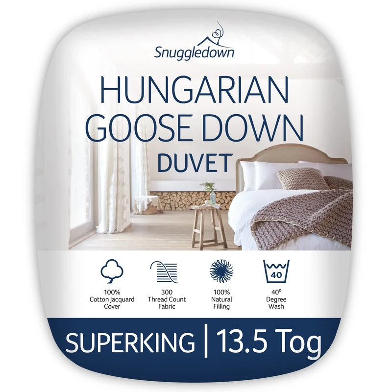 Snuggledown Hungarian Goose Down Super King Duvet 13.5 Tog - Warm & Cosy Winter Quilt with Ethically Sourced 80:20 Blend | UK-Made, 300tc Cotton Cover, Box Stitch, Washable (260 × 220cm)