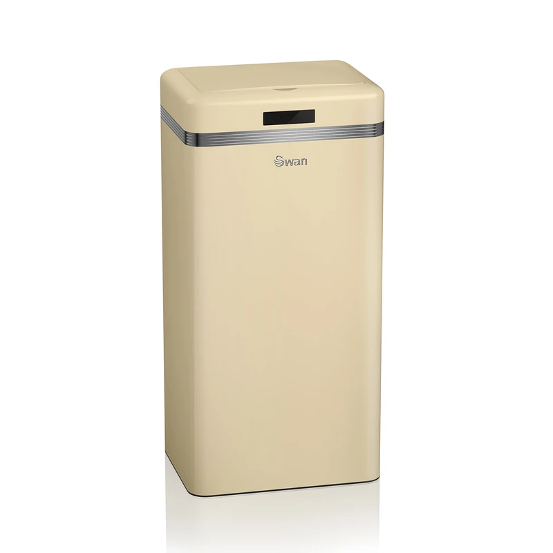 Swan Retro Square Sensor Bin with Hands-Free Opening Using Motion Sensor Technology, Bin Liner Retainer Ring, Steel Body, Large 45L Capacity, Cream