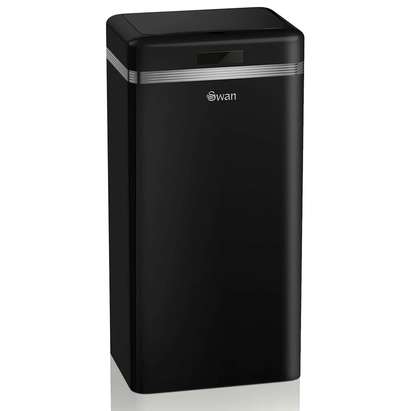Swan Retro Square Sensor Bin with Hands-Free Opening Using Motion Sensor Technology, Bin Liner Retainer Ring, Steel Body, Large 45L Capacity, Black