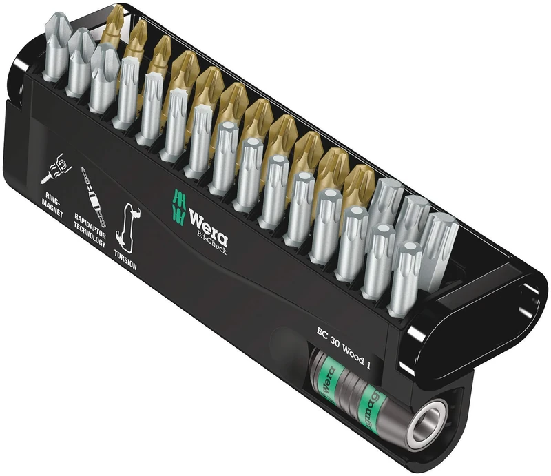 Wera Bit-Check 30 Wood 1 Torsion Long Life bit set for dill/drivers, Wood applications PZ,PH,TX 30 piece, 05057433001