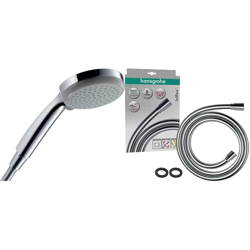 hansgrohe Croma 100 Vario Hand Shower, 4 Sprays, Chrome, 28535000 & Isiflex Shower Hose 1,60m, Anti-Kink and Tangle Free, Chrome, 28276000