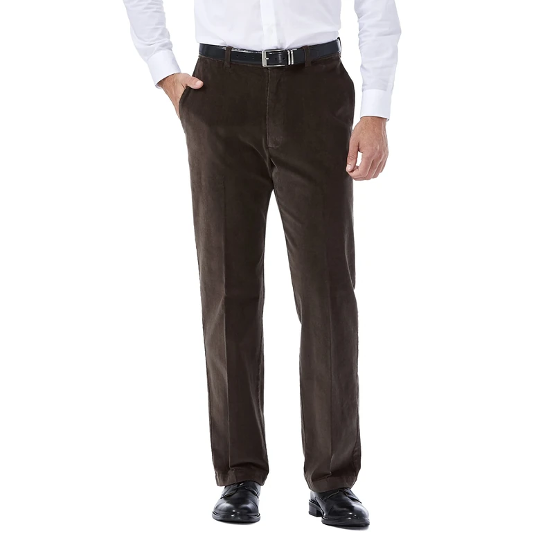 Haggar Men's Corduroy Pant with Expandable Waist, Classic and Straight, Flat Front Casual, Brown, 36W x 34L