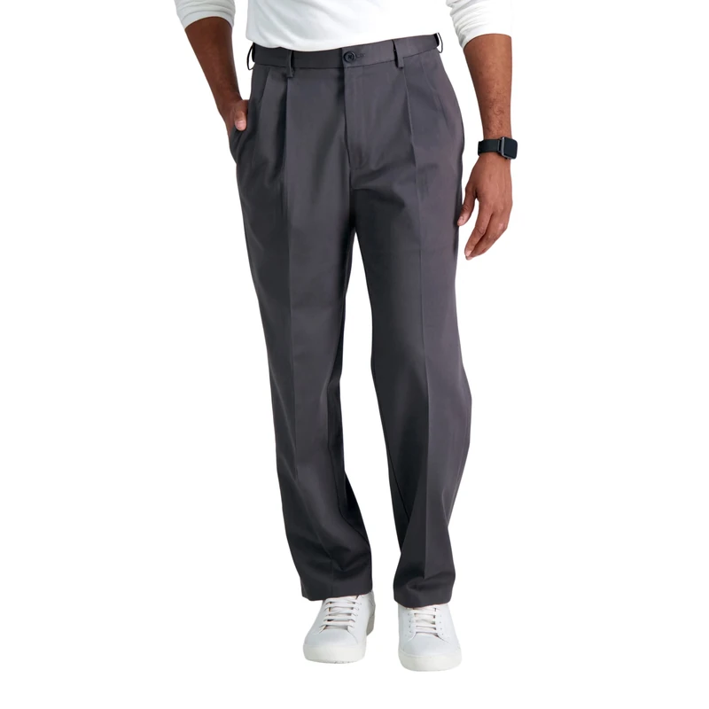 Haggar Men's Premium No Iron Khaki Classic Pleat Front Standard and Big & Tall Sizes, Dark Grey, 36W x 30L