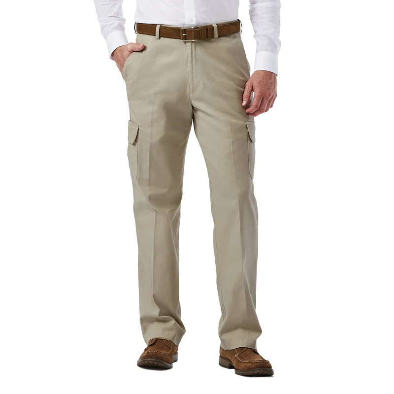 Haggar Men's Stretch Comfort Cargo Expandable-Waist Classic-Fit Pant, Putty, 42W x 29L