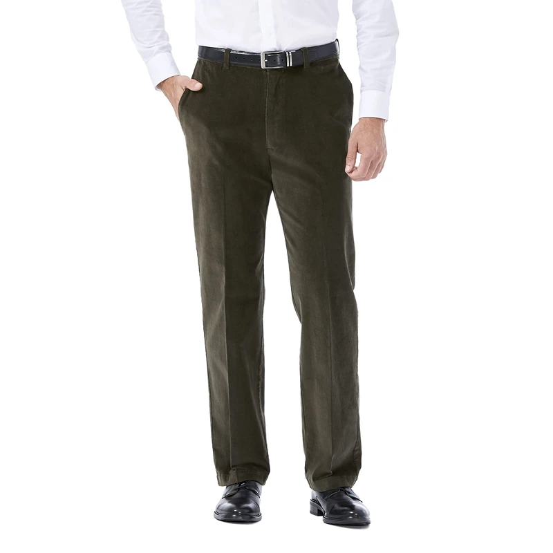Haggar mensHC00229Stretch Corduroy Expandable Waist Classic Fit Plain Front Casual Pants - Green - 38W x 29L