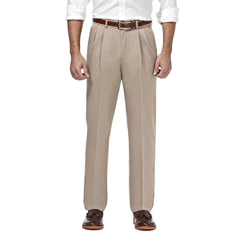 Haggar Men's Premium No Iron Khaki Classic Fit Pleat Front Casual Pant (Regular and Big & Tall Sizes), Sand, 34W x 29L
