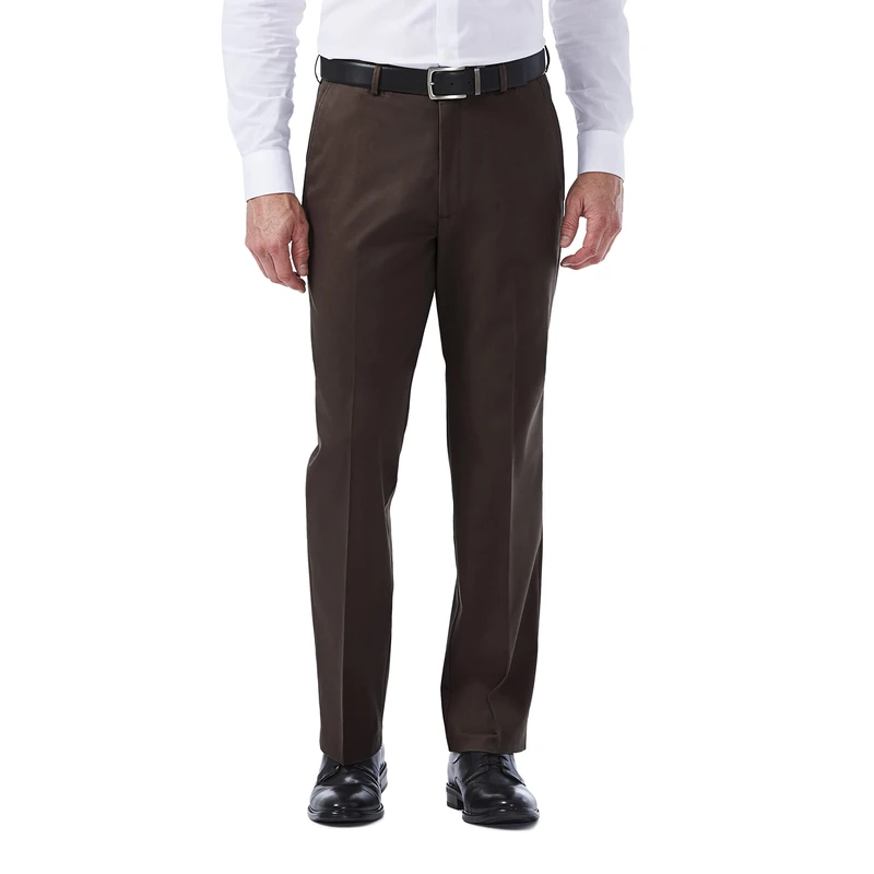 Haggar Men's Premium No Iron Khaki Classic Fit Expandable Waist Flat Front Pant Reg. and Big & Tall Sizes, Chocolate, 40W x 30L