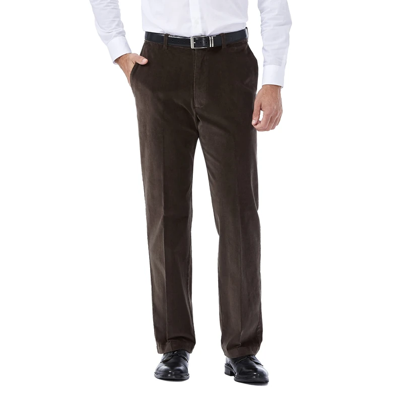 Haggar mensHC00229Stretch Corduroy Expandable Waist Classic Fit Plain Front Casual Pants - Brown - 34W x 32L