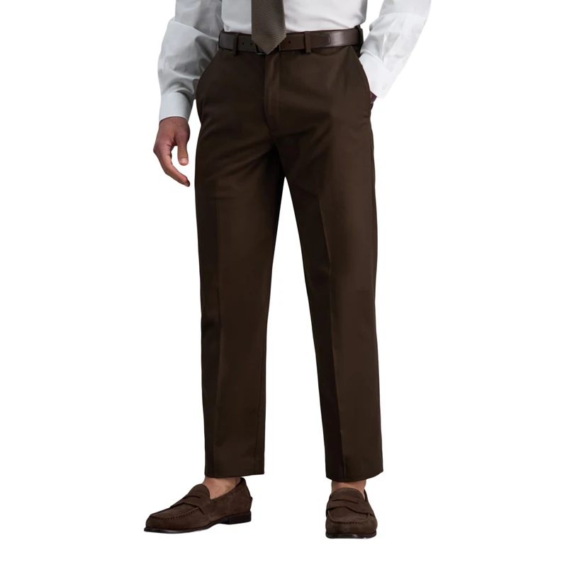Haggar Men's Premium No Iron Classic Fit Expandable Waist Plain Front Pant Casual, Choclate Brown, 44W x 29L