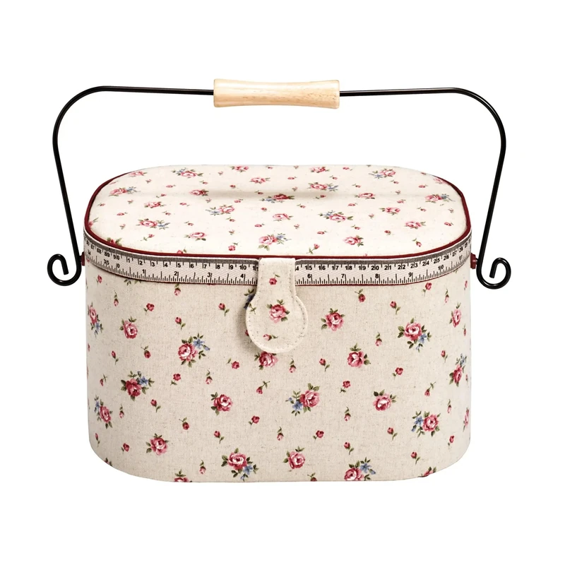 Prym Delicate Country Rose Print Tape Measure and Trim Sewing Basket with Handle, Linen/Metal/Wood, Ivory, Large