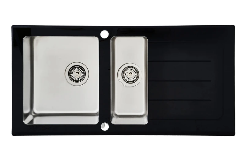 Respekta Newyork Glass Sink in Black / 1.5 Basin Built-in Sink in 100 x 50 cm/Sink Suitable for Base Cabinets from 60 cm Wide