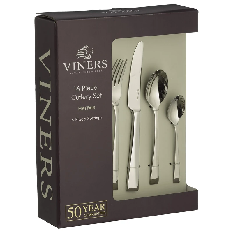 Viners Mayfair Cutlery Set - Elegant Mirror Polished Flatware Gift Box with 50 Year Guarantee - 18/10 Stainless Steel, 16-Piece