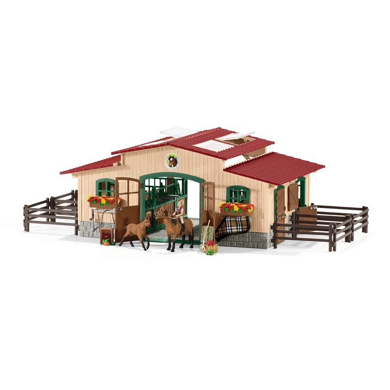 SCHLEICH Farm World - 96PC Horse Barn and Stable Playset - Riding Center with 2 Pony Toys, Rider Figurine, and accessories - Farm Animal Toys for Girls and Boys - Kids 3+
